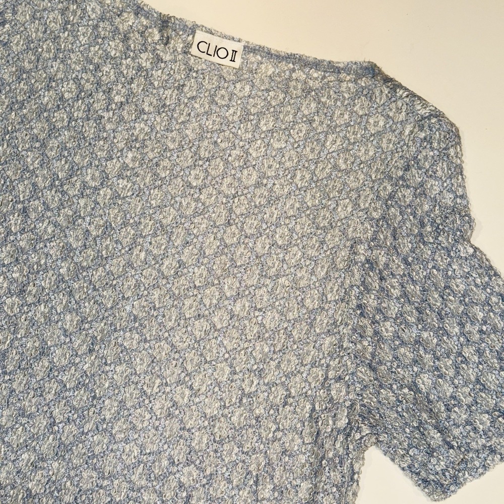 Vintage CLIO II Crinkle Top 1X Periwinkle Blue Linen Blend Textured Tee 90s Boho